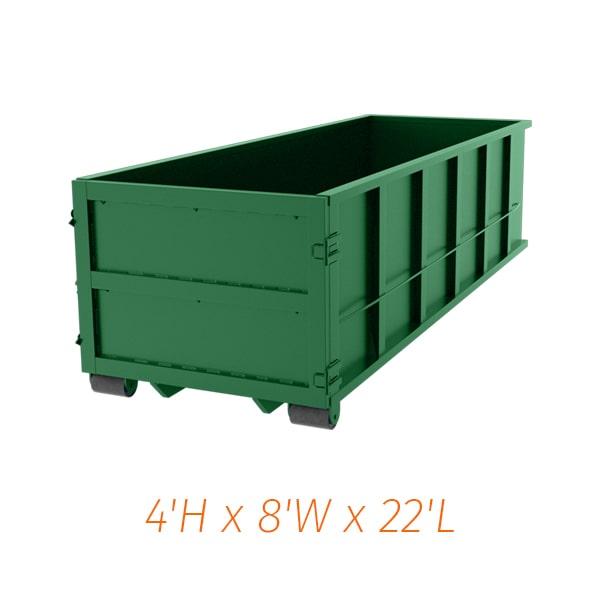 the 20-yard dumpsters measure 20 feet in length, 8 feet in width, and 5 feet in height